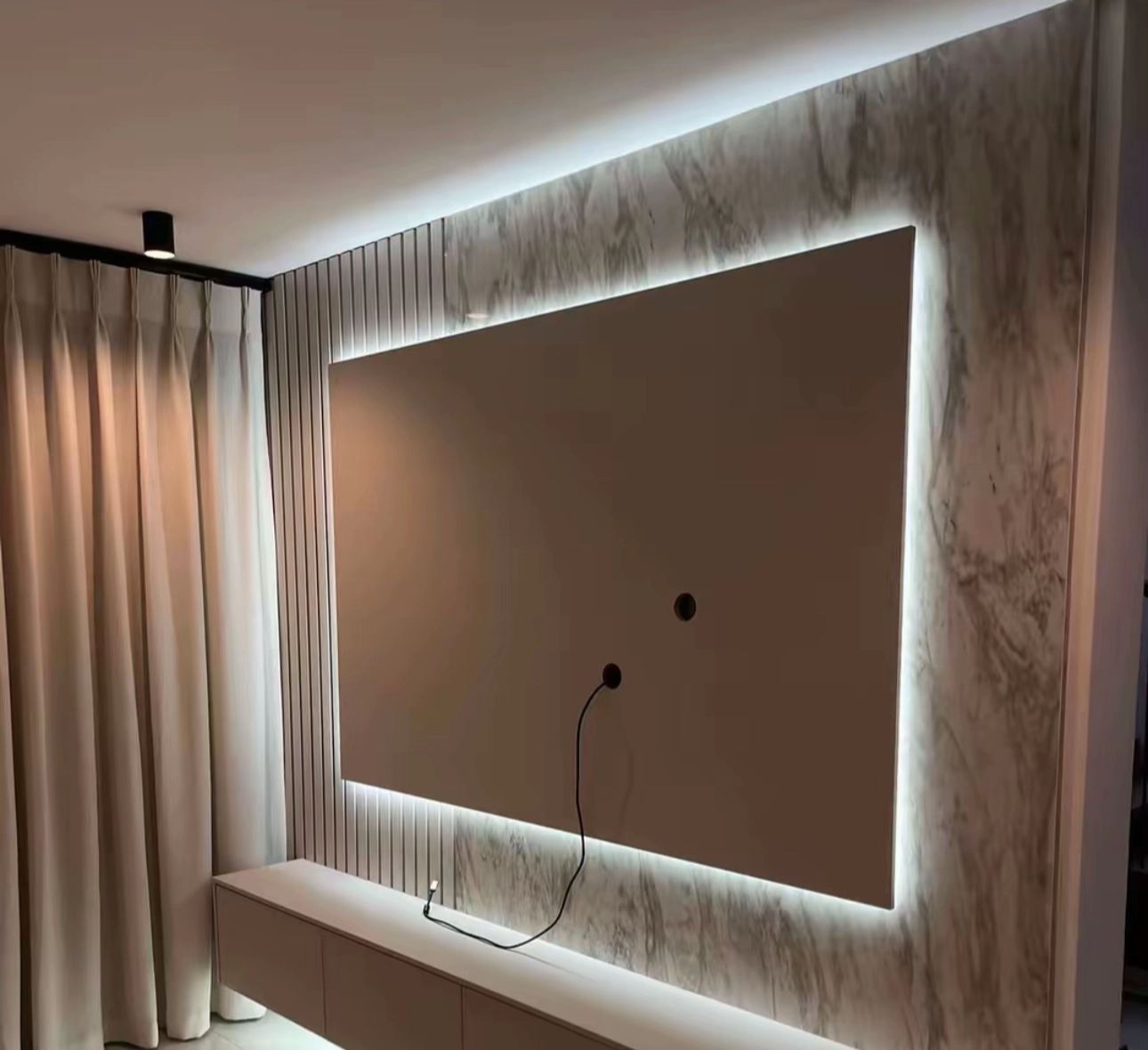 Minimalist wood slats accent wall TV unit