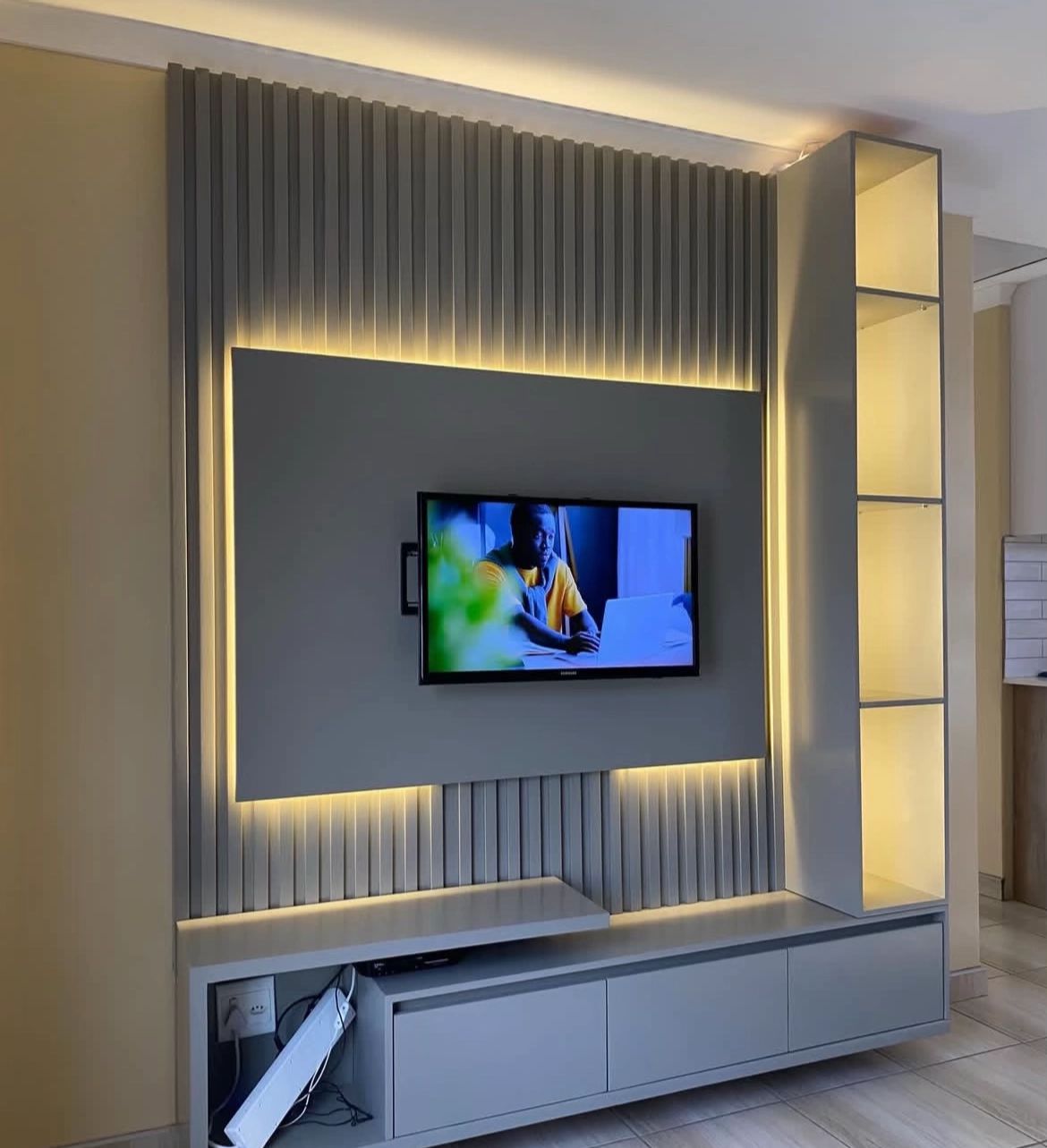 Contemporary wall paneling and TV stand setup